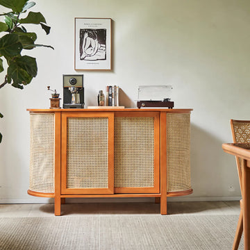 59" Rattan Dresser - Cherry Wood - Shelves; Doors Included - Nordic Style